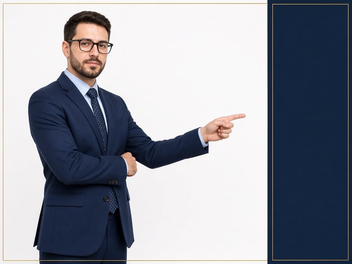 Presenter in a navy suit pointing toward a navy-and-gold editorial panel on a white studio background.